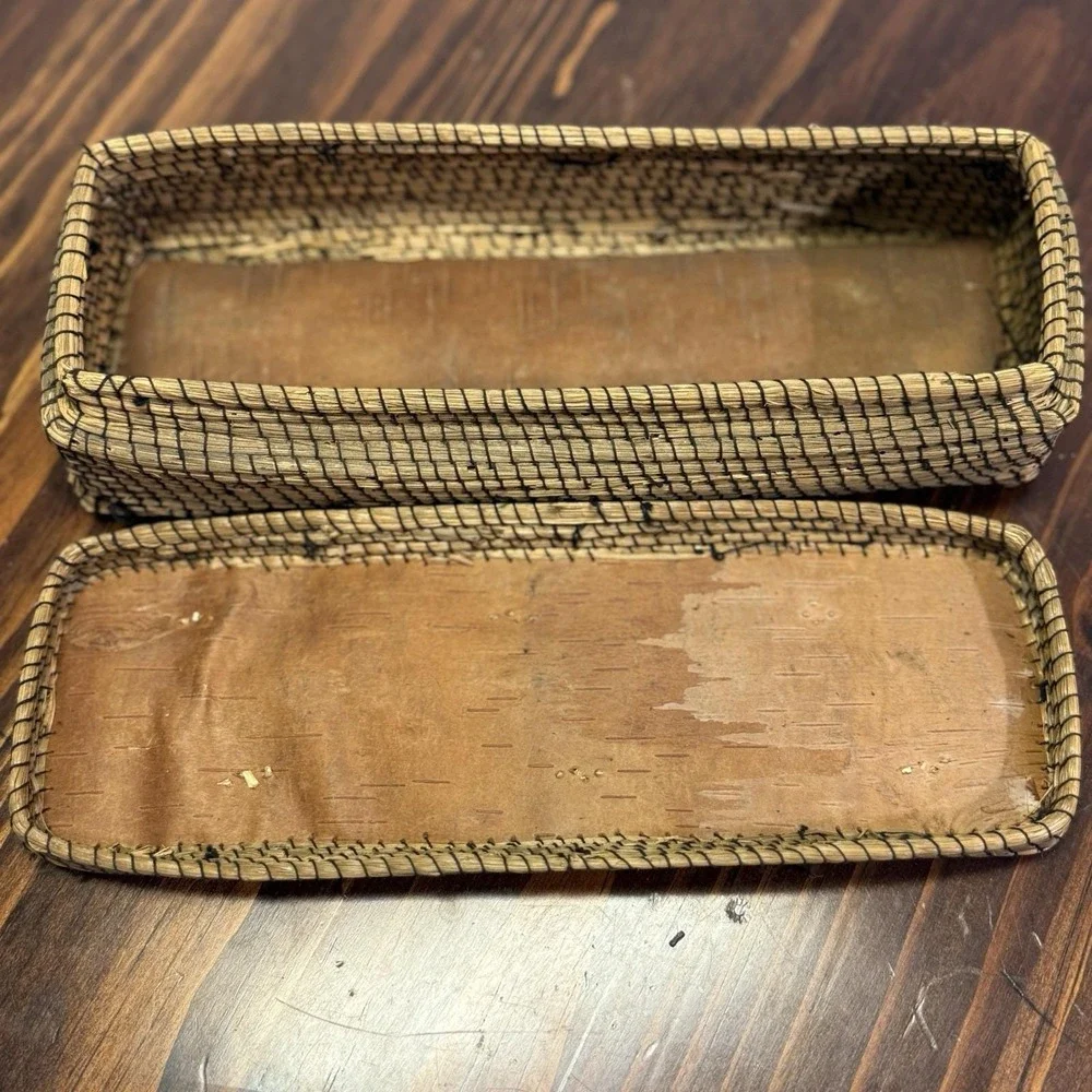 Hand Crafted North American Native Birch Bark Covered Porcupine Quill Basket 9